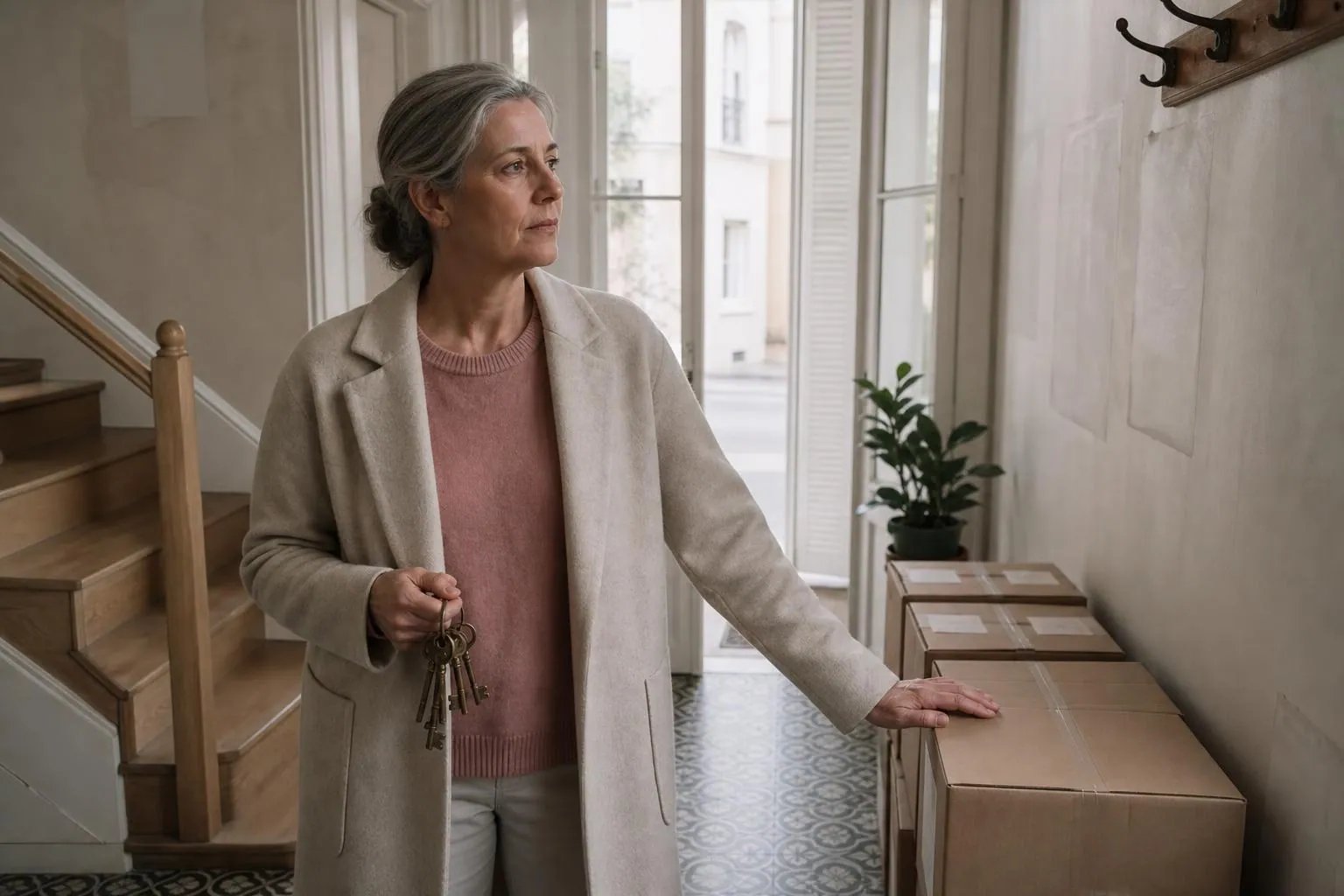 Femme d’environ cinquante cinq ans debout dans une entrée de maison presque vide, un trousseau de clés à la main devant des cartons étiquetés alignés