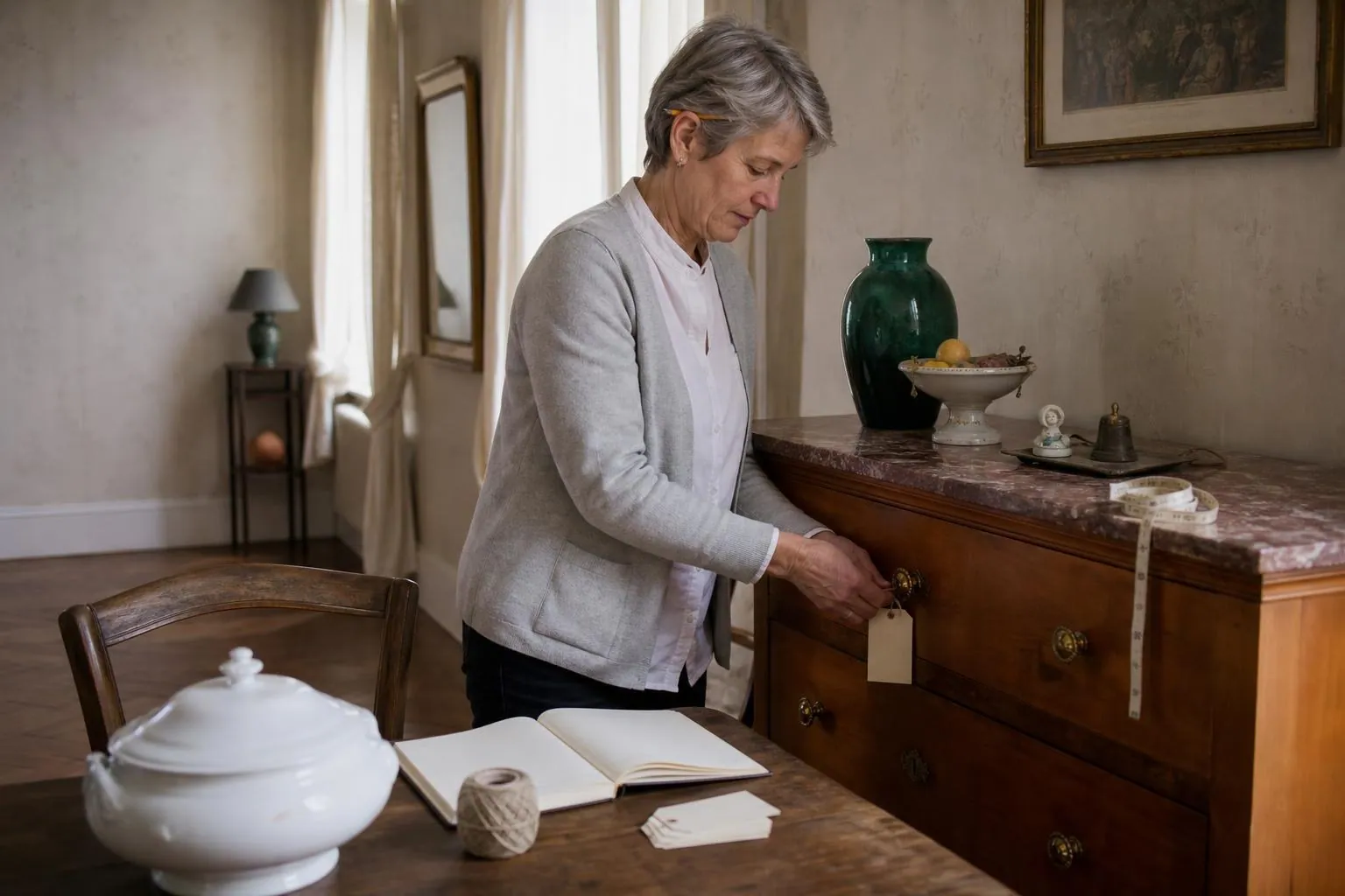 Femme d’environ cinquante cinq ans attachant une étiquette cartonnée numérotée à la poignée d’une commode ancienne dans une salle à manger claire