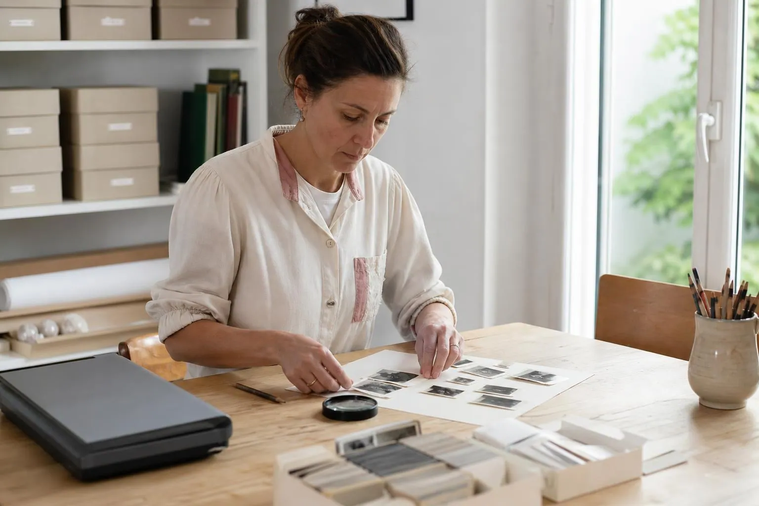 Femme d’environ quarante cinq ans alignant des tirages photographiques anciens sur une table d’atelier claire à côté d’un scanner à plat fermé