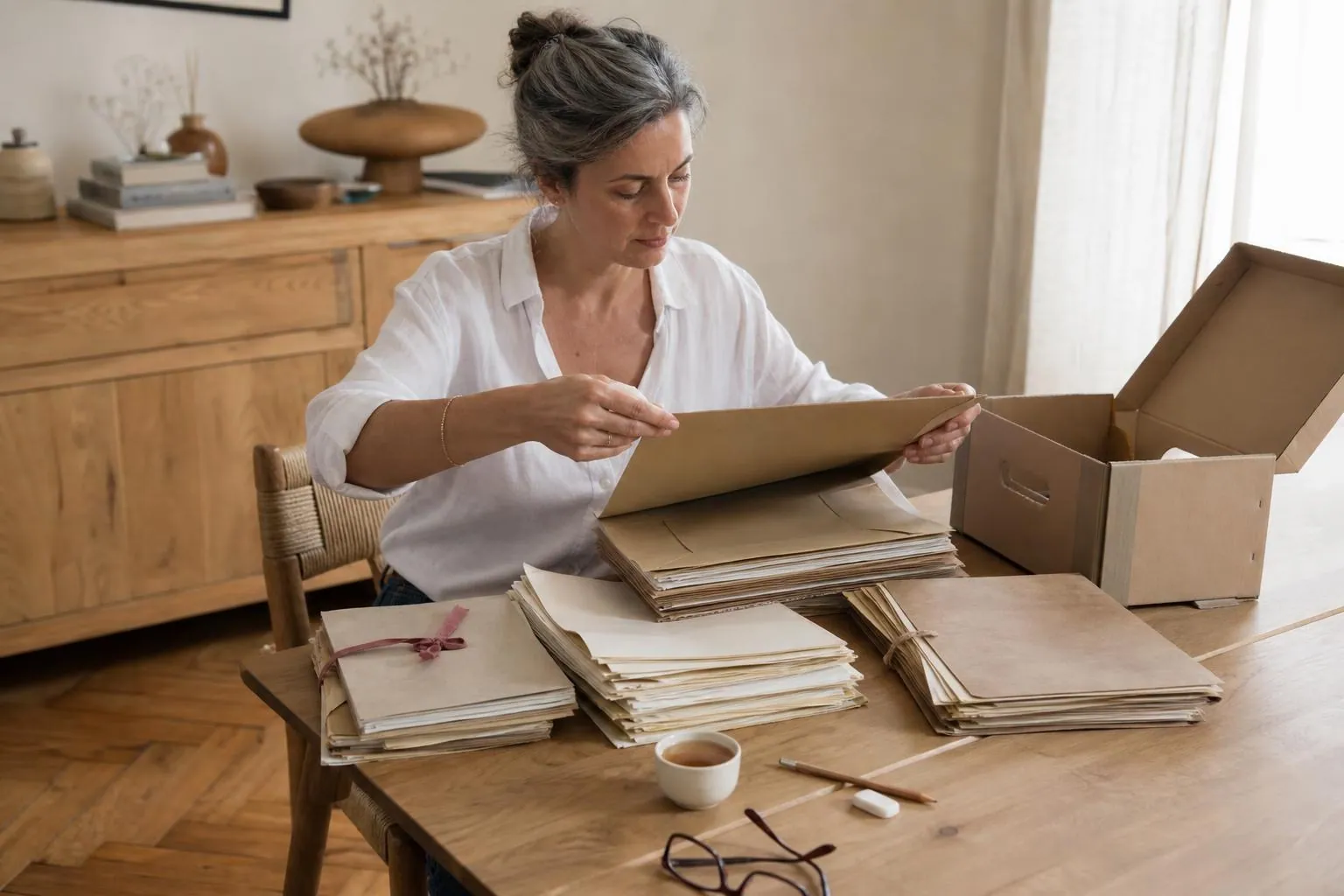 Femme d’environ cinquante ans triant des chemises cartonnées et des enveloppes en trois piles sur une grande table de salle à manger claire