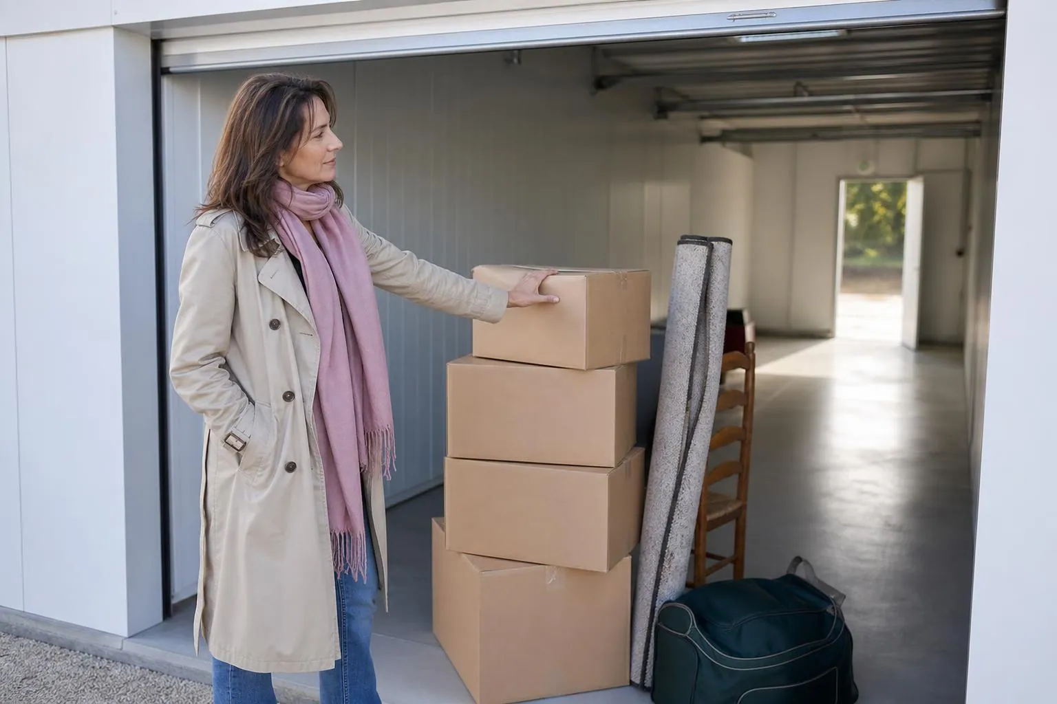 Femme d’une cinquantaine d’années devant un box de stockage ouvert en plein jour, une main posée sur une pile de cartons étiquetés