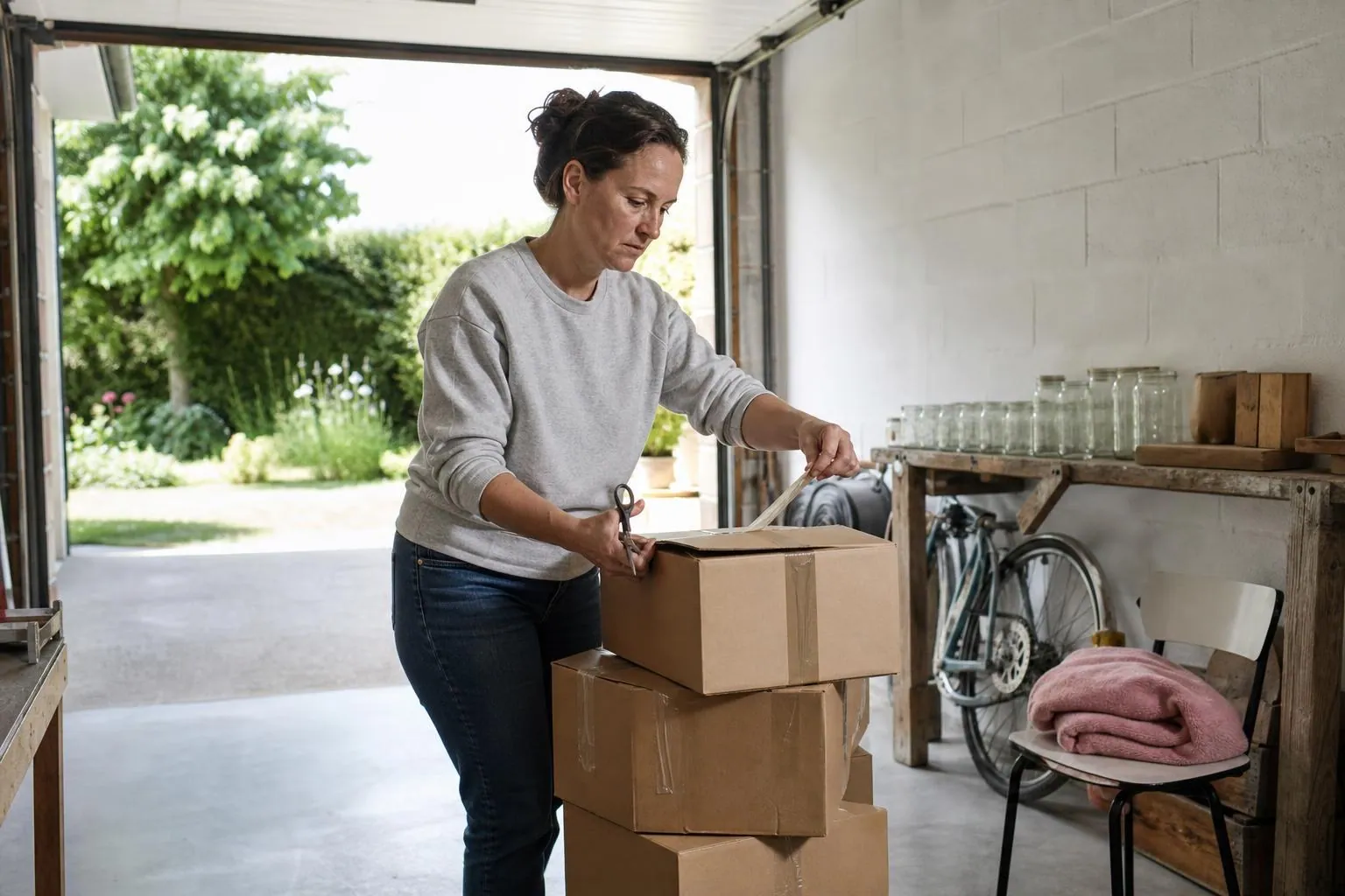 Femme d’une quarantaine d’années ouvrant un carton scotché dans un garage dont la porte est relevée sur un jardin en plein jour