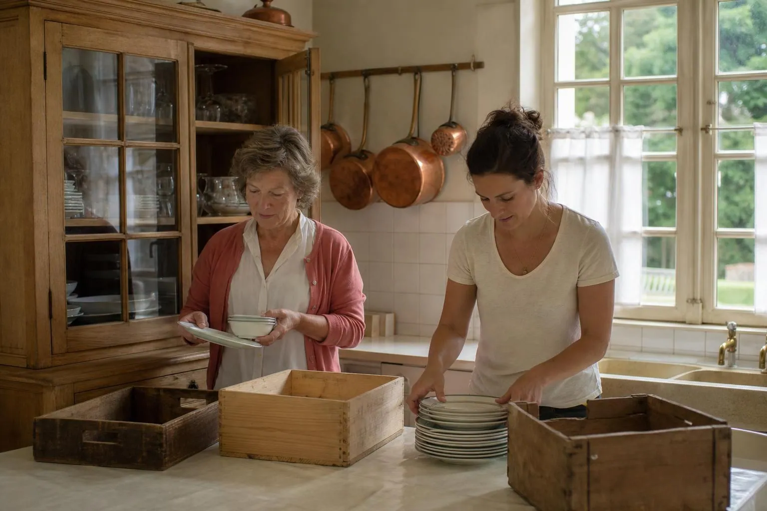 Deux femmes de générations différentes vidant un buffet de cuisine ancienne, la vaisselle posée en piles sur une table recouverte d’une toile cirée
