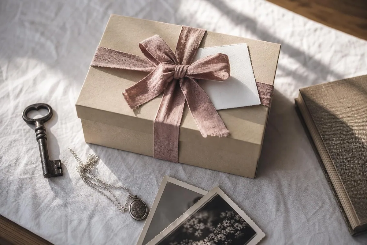 Gros plan d’une boîte en carton beige fermée par un ruban rose, entourée d’une clé ancienne, d’une médaille et de deux photographies anciennes